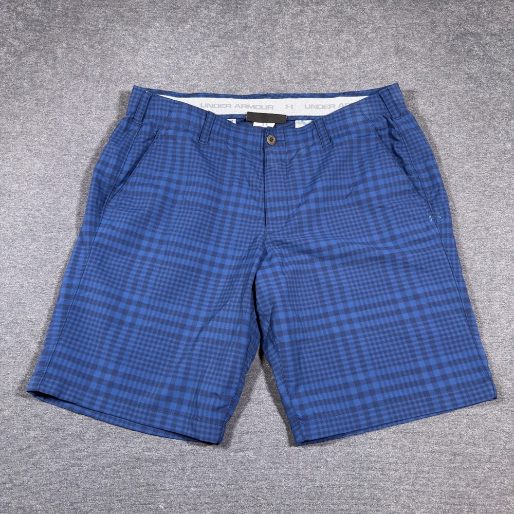 Under Armour Golf Shorts Men 38 Blue Plaid Check Performance Flat Front Stretch